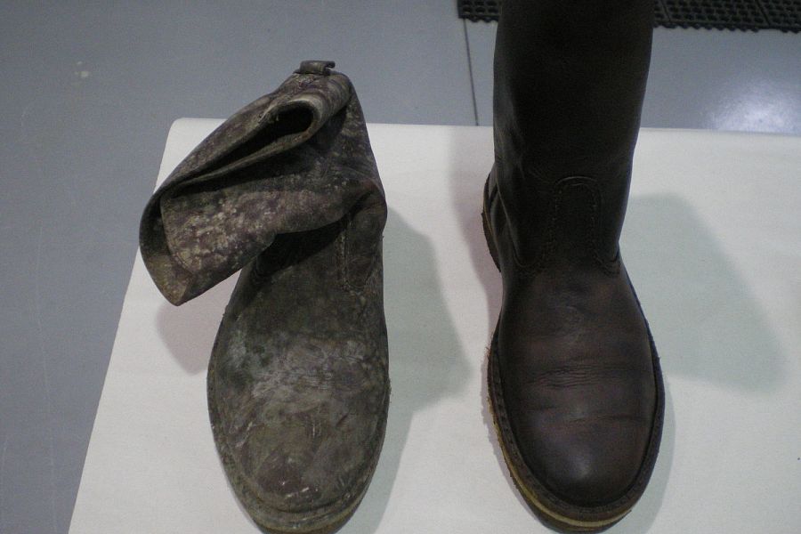 SMOKE AND SOOT DAMAGED LEATHER BOOT<br>These boots could not be restored using traditional cleaning methods but were restored using the Esporta Wash System