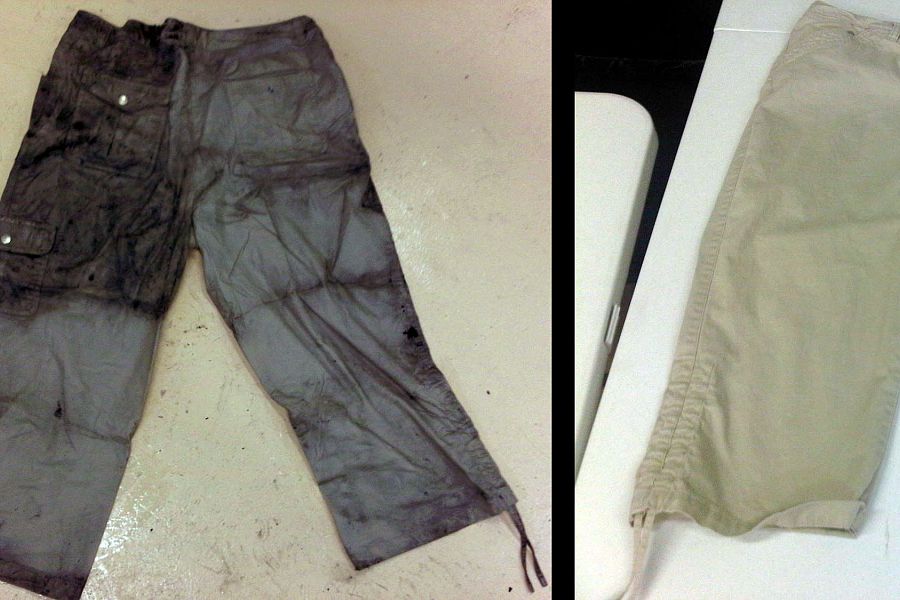 CLEANING SOOT DAMAGED CLOTHES<br>These soot damaged pants were restored in the Esporta Wash System.